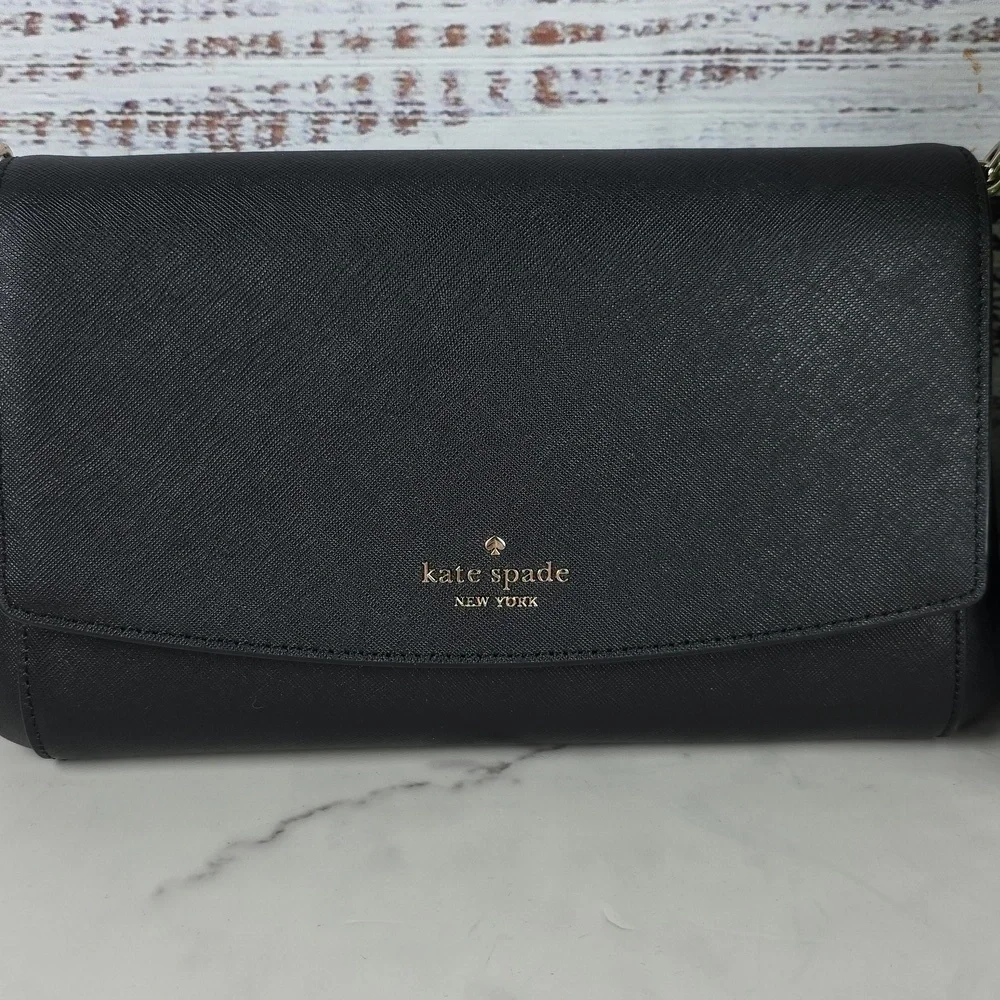 KATE SPADE BLACK CLUTCH CROSSBODY SHOULDER‎ BAG CARSON CONVERTIBLE GOLD CHAIN